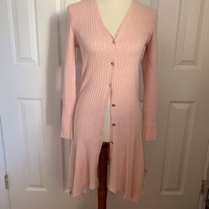 H by Halston Long Sweater Pink Ribbed Knit Button V-Neck Long Sleeve Knee Length